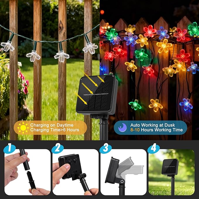 2 Pack Total 52FT 120 LED Solar String Lights Outdoor Waterproof Flower Fairy Lights for Garden Fence Patio Yard Christmas Tree Lawn Wedding Party Decor, Blue and Pure White