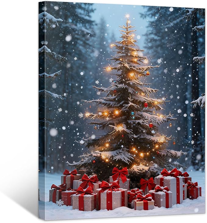 Framed Christmas Pictures Wall Decor,Vintage Pine Tree Prints,Winter Christmas Canvas Wall Art Decoration for Bedroom Bathroom Living Room Rustic Xmas Holiday Gifts (Christmas Tree 14, 24'' X 36'')