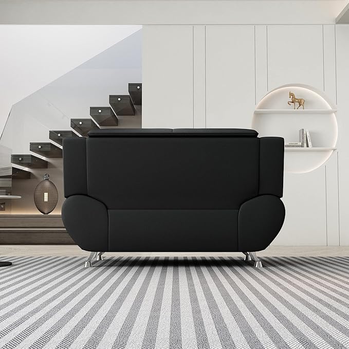 Container Furniture Direct Michael Modern Faux Leather Upholstered Stainless Steel Legs Living Room Loveseat, Midnight Black
