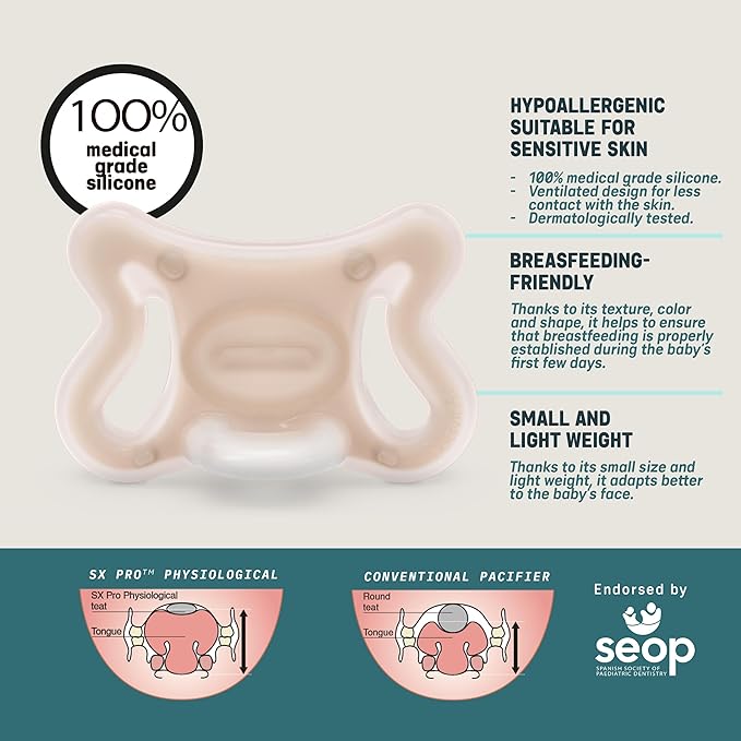Suavinex Zero Zero Silicone Baby Pacifier w/SX Pro Physiological Pacifier Nipple (0-6M), 2Pk, Light