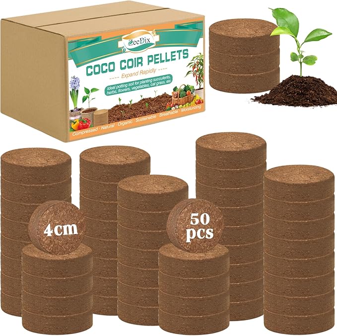 ZeeDix 50pcs(40mm) Coco Coir Pellets Potting Soil Indoor Plants, Compressed Coconut Coir Soil Pellets Seed Starting Pellets Soil Discs for Planting Flowers Bonsai Herbs Plants and Vegetables