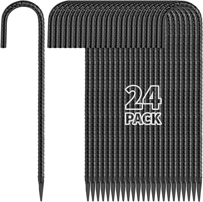 16 Inches 24-Pack J Hook Rebar Stakes Heavy Duty Tent Stakes with Chisel Point End, Steel Ground Anchors Metal Garden Stakes Chain Link Fence Stakes Black Coated