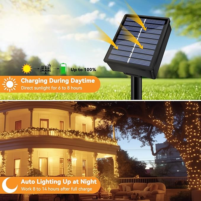 Solar String Lights Outdoor Waterproof 2 Pack Total 66ft 200LED 8 Modes Twinkle Lights Solar Fairy Lights for Patio, Garden Yard Party Wedding Tree Christmas Halloween Decoration, Warm White