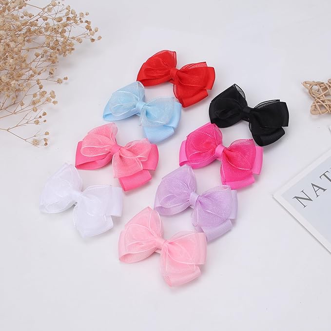 Tiny 3 Inch Organza Double Hair Bow Clips - Lined Boutique Alligator Hairpin for Baby Girls, Toddlers, and Little Teens - Kids Barrettes Set of 2 Small Stylish (Deep Purple)