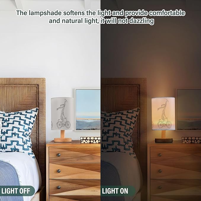 Funny Giraffe in Scarf on Bicycle Cartoon Character on White Table Lamp with Wood Base Fabric Lamp Shade Bedside Nightstand Desk Lamp for Living Room Bedroom Kids Room Office