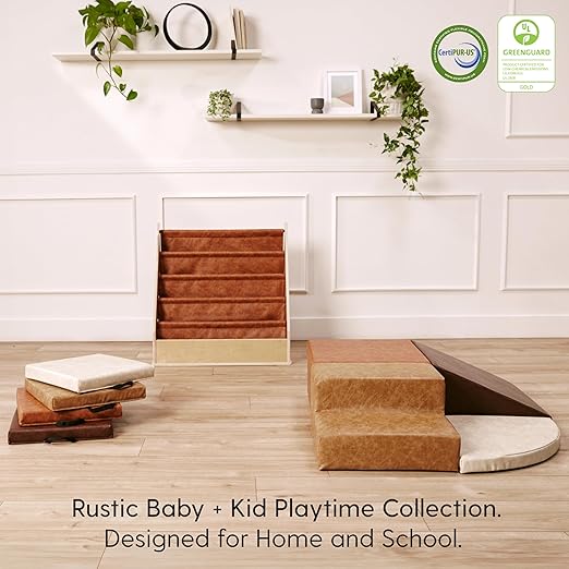 Factory Direct Partners Rustic Kid Birch Sling Book Display; Distressed Faux Leather 4-Shelf Storage for Books or Magazines; Furniture for Bedroom, Playroom, Daycare, Classroom - Hazelnut, 13745-322