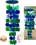 Bellaa 24858 Wind Chimes Outdoor, Garden Decorations, Musical, Indoor/Outside Windchimes, Beach, Ocean Breeze, Gifts for Mom, Gift for All Occasions, Capiz Sea Glass Shells Wood 27 inch Green Blue