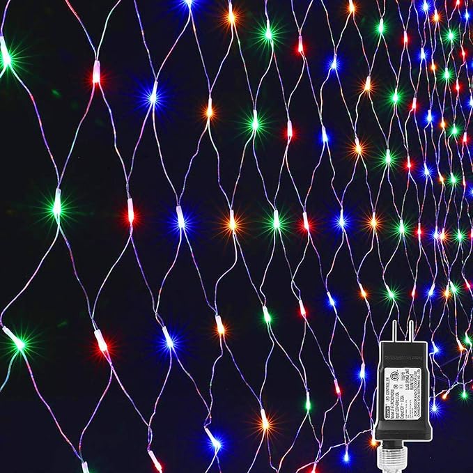 LYHOPE 12ft x 5ft 360 LED Christmas Net Lights, 8 Modes Low Voltage Mesh Christmas Decorative Lights for Xmas Trees, Bushes, Wedding, Garden, Outdoor, Indoor Decor (Multi-Color)
