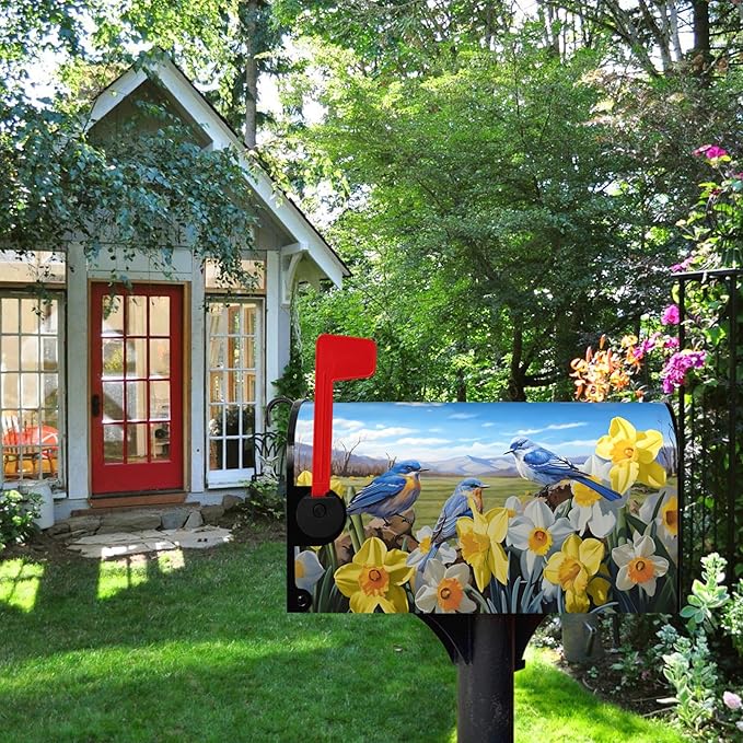 Summer Bluebirds Mailbox Covers Magnetic Spring Summer Daffodil Mail Box Post Letter Cover Bird Flowers Mailbox Wrap Farmhouse Blue Sky Mailbox Cover Standard Size 21x18 Inch