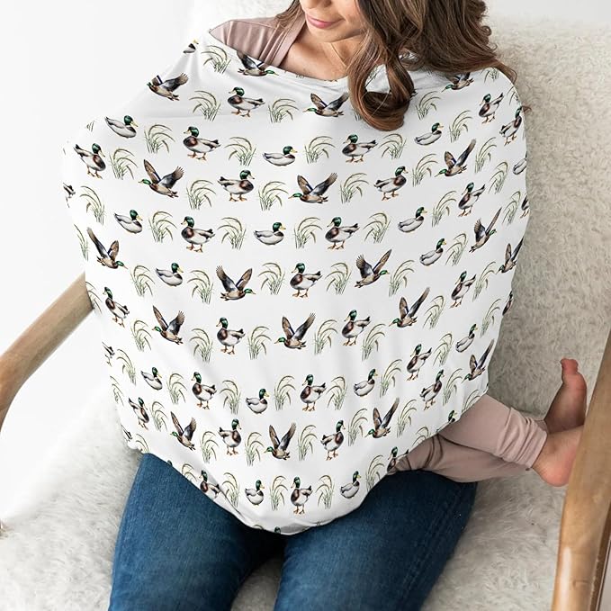 Vintage Mallard Duck Baby Car Seat Covers Green Ducks Lake Stretchy 5-in-1 Cover Adjustable Infant Carseat Cover Canopy Hunting Ducks Breathable Nursing Cover-Up