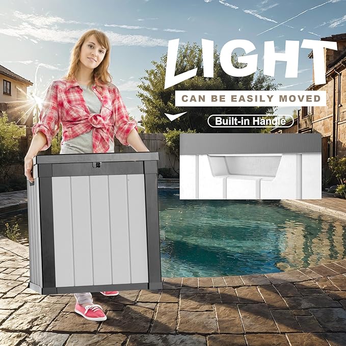 ROJIK Outdoor Storage Housing Deck Box - Waterproof Patio Furniture, Garden Tools, Cushions, Pool Accessories Storage Bench with Lockable Lid and Side Handles (Black & Whiter, 50 Gal)