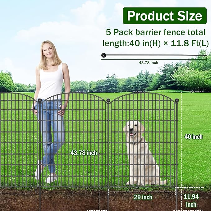 No Dig Decorative Garden Fence 5 Panels, 40 in (H) x 11.8 ft (L), Dog Fence Outdoor for Yard, Rustproof Metal Animal Barrier Ground Stakes Fencing for Garden, Patio, Flower Bed