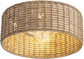 Handwoven Boho Rattan Ceiling Fan with Light,Flush Mount Caged Ceiling Fans with Lights and Remote Control,Low Profile Enclosed 6 Speeds Fandelier for Bedroom Living Dining Room,4-Light