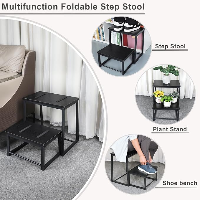 Vrisa Step Stool for Adults Wooden 2 Steps Footstool Heavy Duty RV Bedside Stepping Stool for High Beds with Metal Frame Hold Up 500LB Foot Stool for Kitchen Bathroom Bedroom, Black