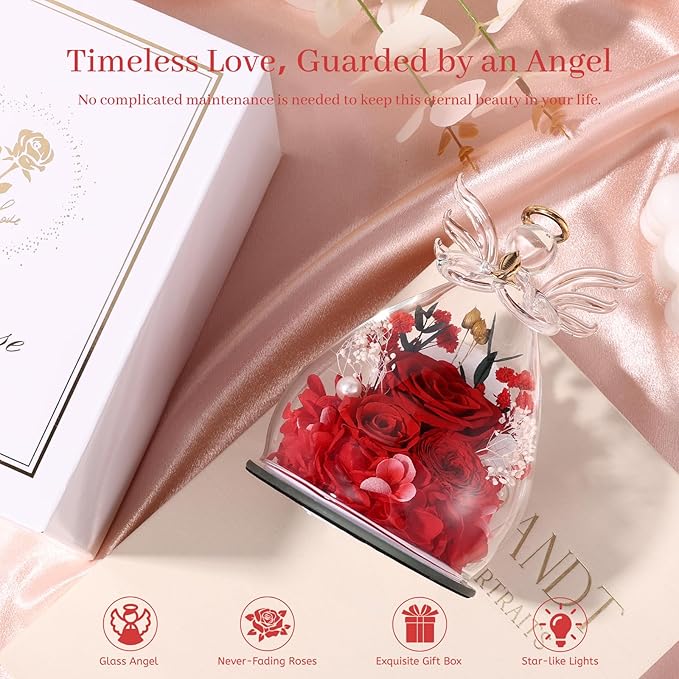 Birthday Gifts for Women Mom Preserved Roses in Glass Angel Figurines Fresh Flowers for Delivery Forever Flowers Eternal Rose Christmas for Grandma Sister Wife Her from Daughter