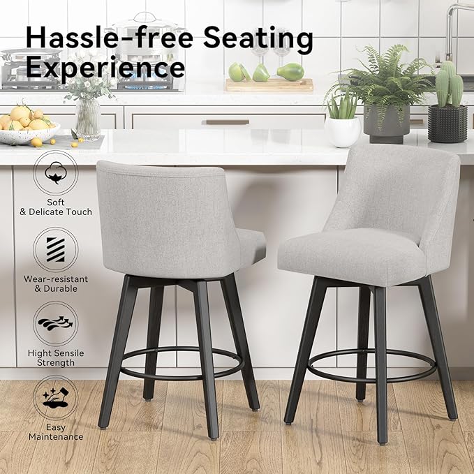 Counter Height Swivel Bar Stools Set of 4, 26 Inch Bar Stools with Footrest, Linen Fabric Upholstered Barstools with Back and Solid Wood Legs for Kitchen Island, Dining Room,Pub,Light Grey