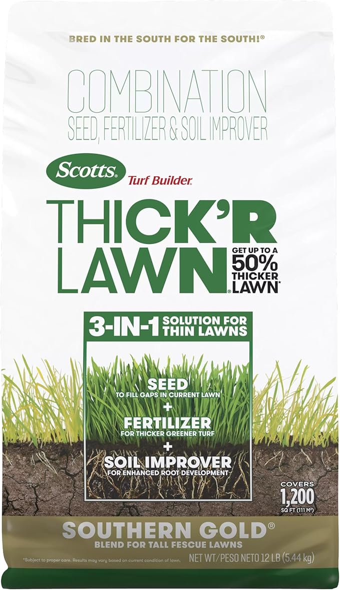 Scotts Turf Builder Thick'R Lawn Southern Gold Blend for Tall Fescue Lawns, Grass Seed, Fertilizer, and Soil Improver, 12 lb.