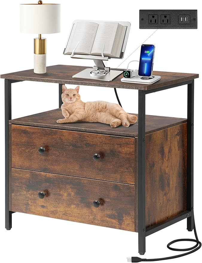 27 inch Wide Nightstand with Charging Station, Bedside Table with Open Shelf, 2 Drawers Small Wood Dresser, End Side Table for Bedroom (Rustic Brown)