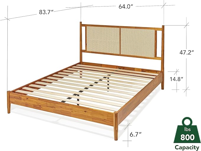 Bme Oliver Headboard Queen Size Bed Frame - 15-Inch Signature Design with Rattan Headboard, Bohemian and Mid Century Style, 12-Slat Wood Support, No Box Spring Needed - Easy Assembly, Caramel
