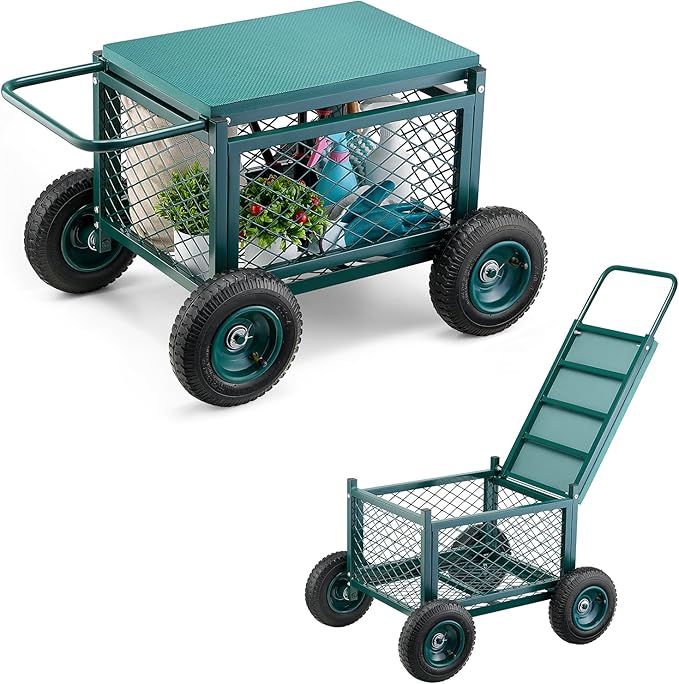 VEVOR Rolling Garden Cart with Seat, Metal Rolling Garden Work Seat with Wheels, Supports up to 400 LBS, Heavy Duty Gardening Cart Scooter, Outdoor Wagon & Stool on Wheels for Lawn, Patio, Backyard