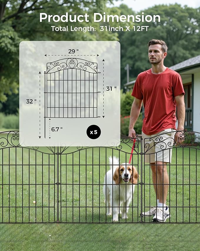 10 Panels No Dig Decorative Outdoor Garden Fence, 32 in(H) X 23.6 ft(L) Animal Barrier Fencing, Rustproof Portable Fence, Temporary Dog Fence Outdoor for Yard, Outside, Backyard, Patio