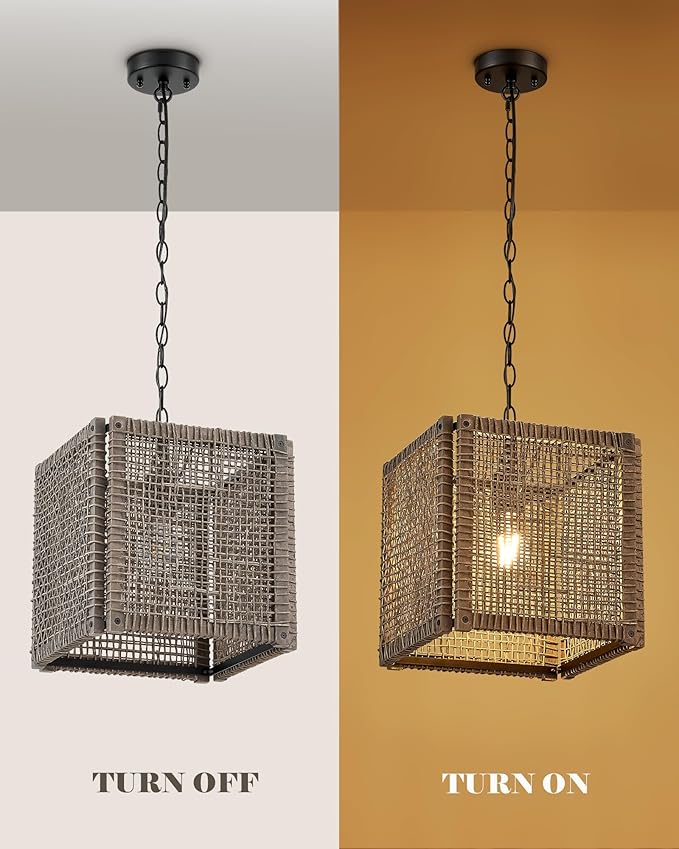ELYONA Farmhouse Rattan Chandelier 12" Handwoven Pendant Light Fixtures with Gray Square Solid Wood Frame, Adjustable Hanging Lamp for Kitchen Island, Dining Room, Living Room, Bedroom, Bar, Hallway