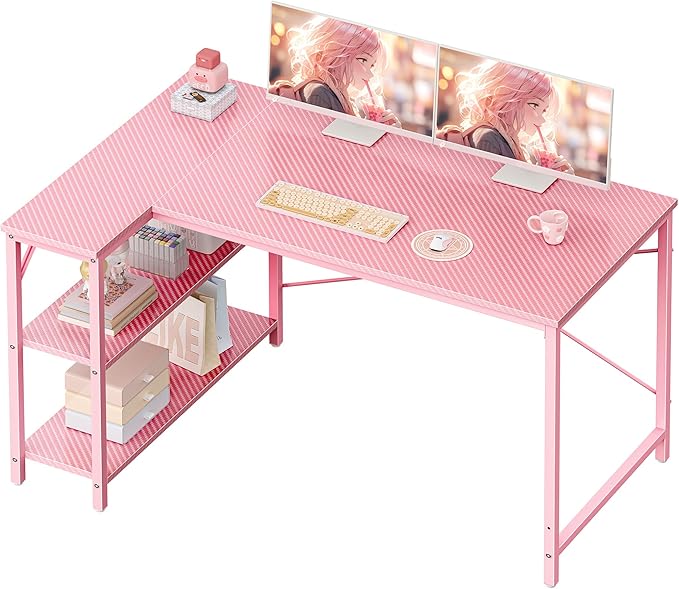 Huuger L Shaped Desk, 47 Inches Computer Desk with Reversible Storage Shelves, Gaming Desk, Corner Desk Home Office Desks, Writing Study Desk with Metal Frame, Pink