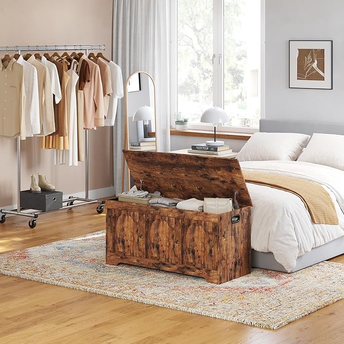 DINZI LVJ Storage Chest, 39.4”Wooden Storage Box with 2 Safety Hinges, Entryway Shoe Bench with Flip-Top, Trunk for Living Room, Bedroom, Easy Assembly, Rustic Brown