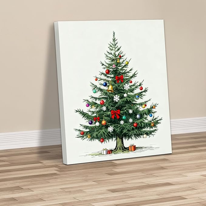 Framed Christmas Pictures Wall Decor,Vintage Pine Tree Prints,Winter Christmas Canvas Wall Art Decoration for Bedroom Bathroom Living Room Rustic Xmas Holiday Gifts (Christmas Tree 8, 24'' X 36'')