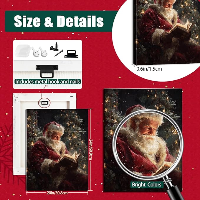 Vintage Santa Claus Reading Canvas Wall Art - Rustic Framed Christmas Canvas Prints for Living Room, Cozy Winter Wall Decor, Ideal Christmas Gifts & Festive Decorations