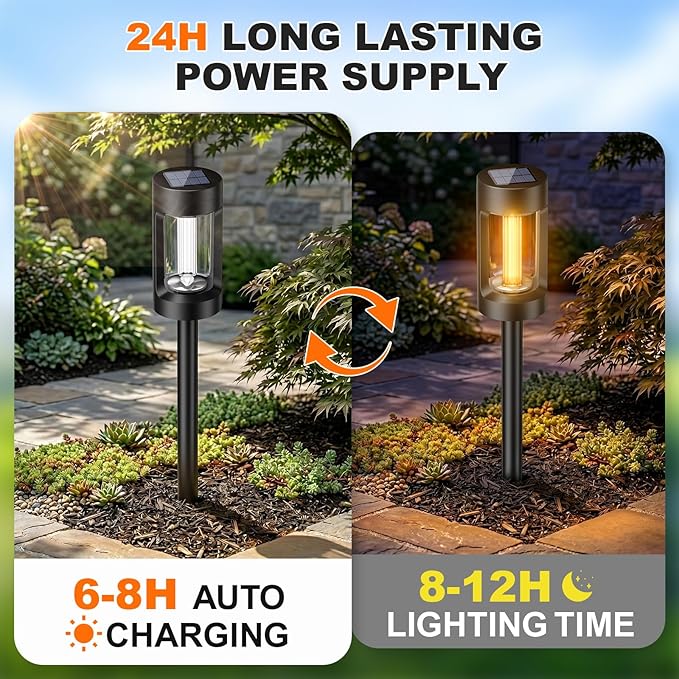 Solar Lights Outdoor，2 Pack Solar Pathway Lights with Acrylic Wick and 3000K IP65 Waterproof Lights for Lawn Patio Walkway Driveway Decor Landscape