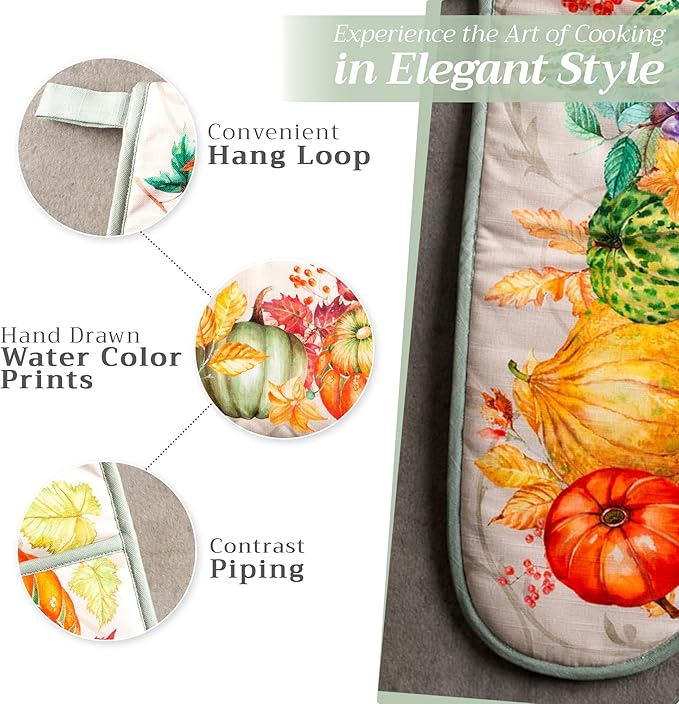 Maison d' Hermine Double Oven Mitt (7" x 35") 100% Cotton Heat Resistant BBQ Cooking Gloves with Loop for Thanksgiving Christmas Decorations Baking Cooking Barbeque Handling Hot Pan (Lumina)