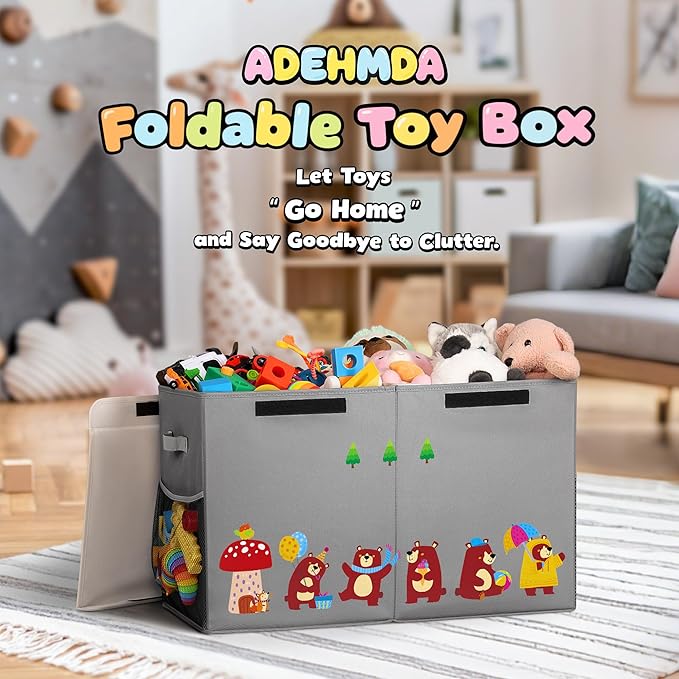 80L Large Toy Storage Box with Lid, Large Toy Box Chest for Kids, Girls and Boys, Nursery Room and Living Room, 26"x13" x16" (grey-bear)