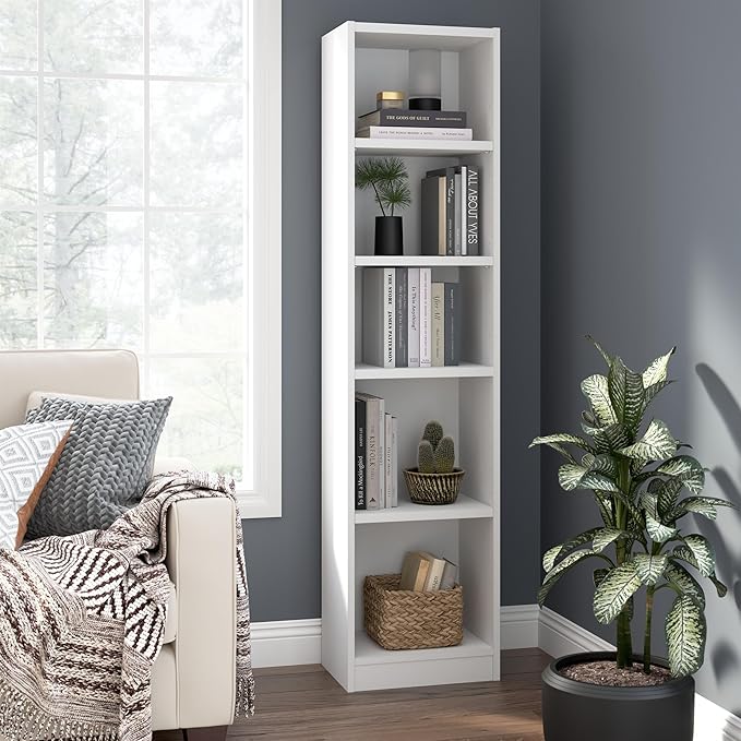 Bush Furniture Universal 17W Narrow 5 Shelf Bookcase in White, Tall Skinny Bookshelf for Home Office Storage or Living Room Organization