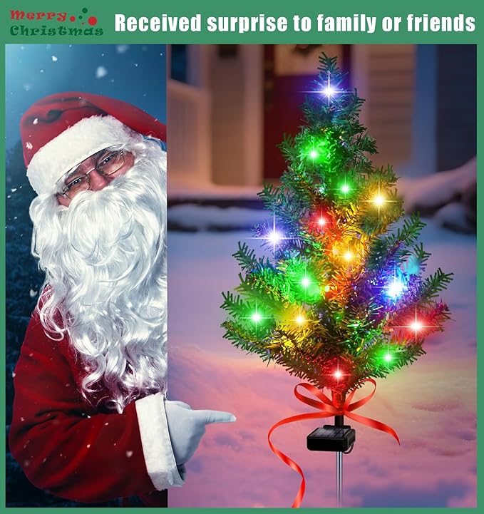 Solar Christmas Tree Outdoor Decor, Waterproof Solar Xmas Decorations Garden Stake Lights, Multi-Color LED Artificial Prelit Christmas Décor for Outside Landscape Pathway Porch Yard Holiday (4 pcs)