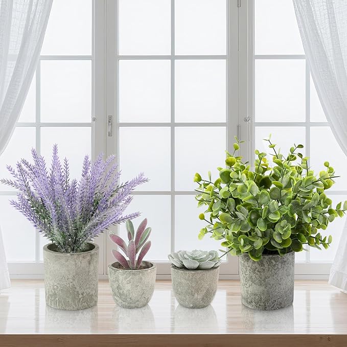 ALAGIRLS 4 Packs Fake Plants Small Artificial Plants for Shelf Lavender Flowers Eucalyptus Succulents Plants Potted Faux Plants for Home Indoor Office Bathroom Living Room Decor