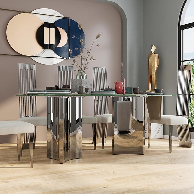 Asday Glass Dining Table, 70 inch Rectangular Dining Room Table, Double Pedestal Dining Table with Clear Tempered Glass Top and Mirrored Silver Trestle Base