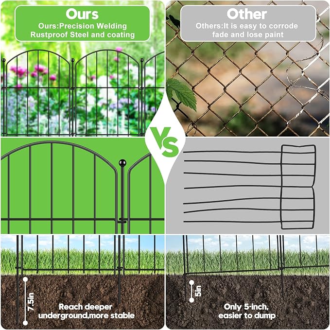 Decorative Garden Fence 17in (H) x15ft (L), Arched Rustproof Metal No Dig Fence for Dogs & Rabbit, Ornamental Animal Barrier for Flower Beds, Border Panels Fencing for Yard & Patio Outdoor Decor