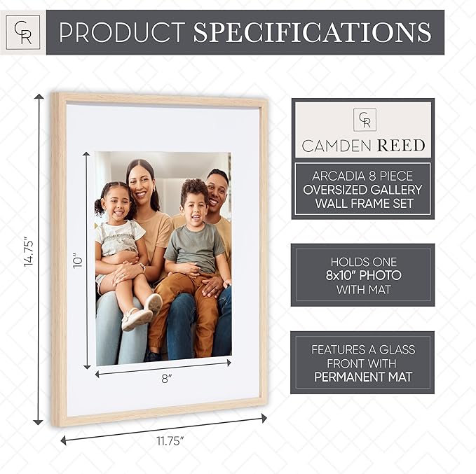Camden Reed Arcadia 8 Piece Oversized Gallery Wall Frame, 11x14 and 11x11 inch matted frames for featuring 8x10 and 8x8 Inch Photographs or Art Prints, Natural Finish