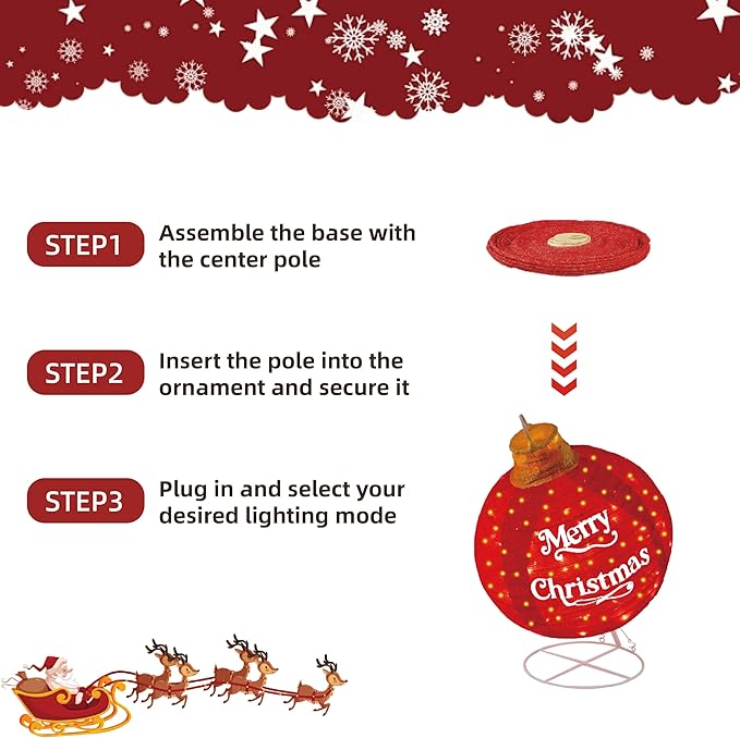 2-Pack Lighted Pop-Up Christmas Ball with 180 LEDs & 8 Light Functions, Holiday Yard Decor，Outdoor Christmas Decorations