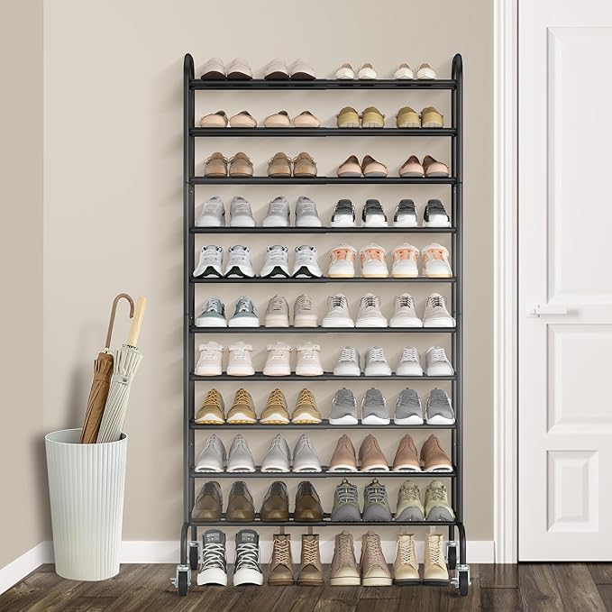STORAGE MANIAC Expandable Shoe Rack, 44 Pairs Stackable Small Shoe Rack, Metal Adjustable Shoes Organizer for Closet, Entryway, Hallway, Garage, Front Door, Shoes Shelves, Black 10 Tier