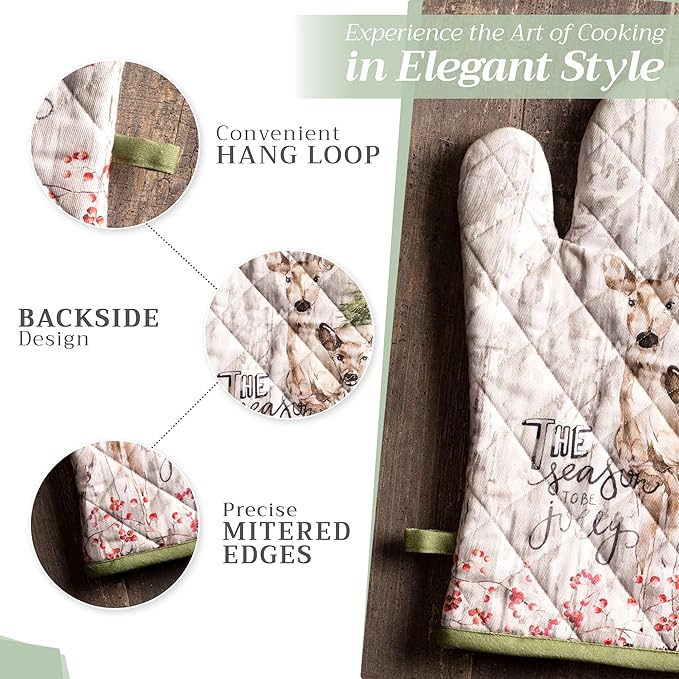 Maison d' Hermine 100% Cotton Oven Mitt & Pot Holder Set (7.5"x13" & 8"x8") Heat Resistant BBQ Cooking Gloves with Loop for Thanksgiving Christmas Decorations Handling Hot Pans (Mountain Life)