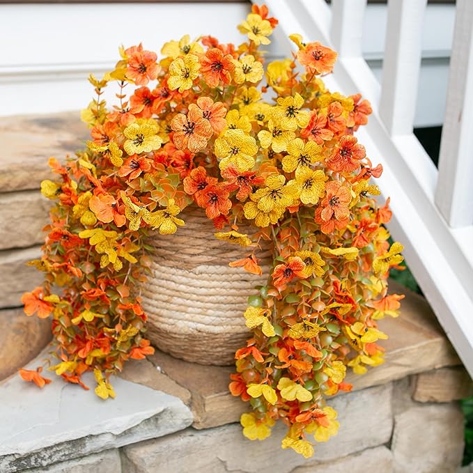 INSPRING Artificial Fall Flowers for Outdoors Decoration, 2Pcs Fake Fall Light Orange & Yellow Hanging Flowers, Faux Autumn Decor for Porch Patio Balcony Planter, Realistic Arrangement