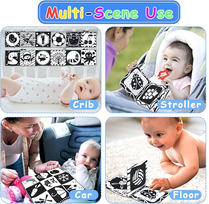 KUANGO Newborn Toys Black and White Baby Toys 0-3 Months High Contrast Baby Toys for Newborn - High Contrast Baby Soft Book Infant Tummy Time Toys Crinkle Sensory Toys for Brain Development
