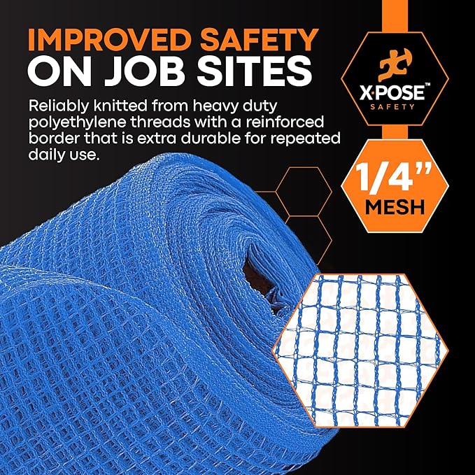 Xpose Safety Construction Safety Debris Netting - 150 Ft Temporary Material Roll, 1/4" Mesh Scaffold Net Enclosure, Visibility Barrier, Fencing Roll, Heavy Duty Fire Retardant 5.5 ft x 150 ft, Blue
