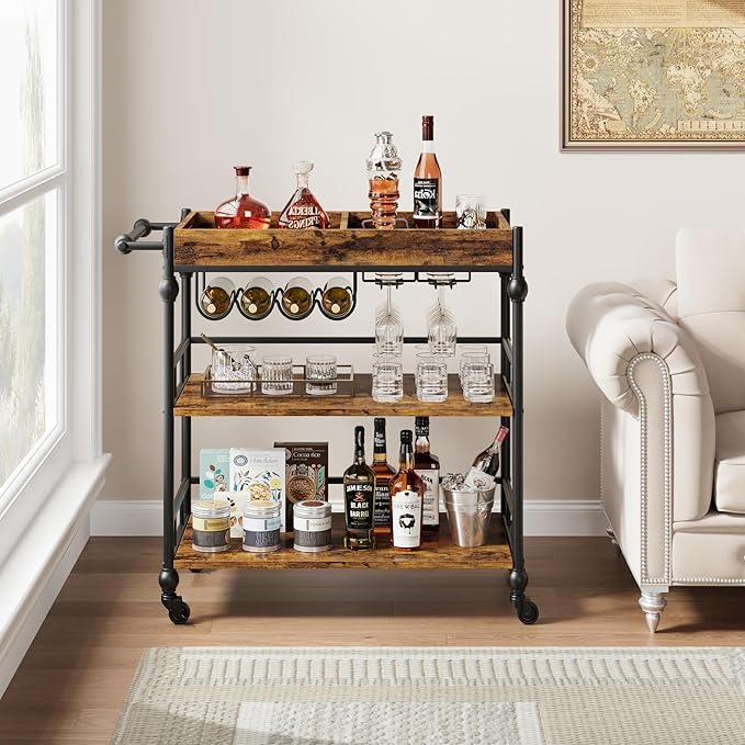 Bar Cart, Bar Carts for The Home, 3 Tier Serving Cart with Wheels, Home Bar & Serving Carts, Metal Rolling Cart with Wine Rack & Removable Tray for Kitchen, Dining Room, Living Room-Retro Brown