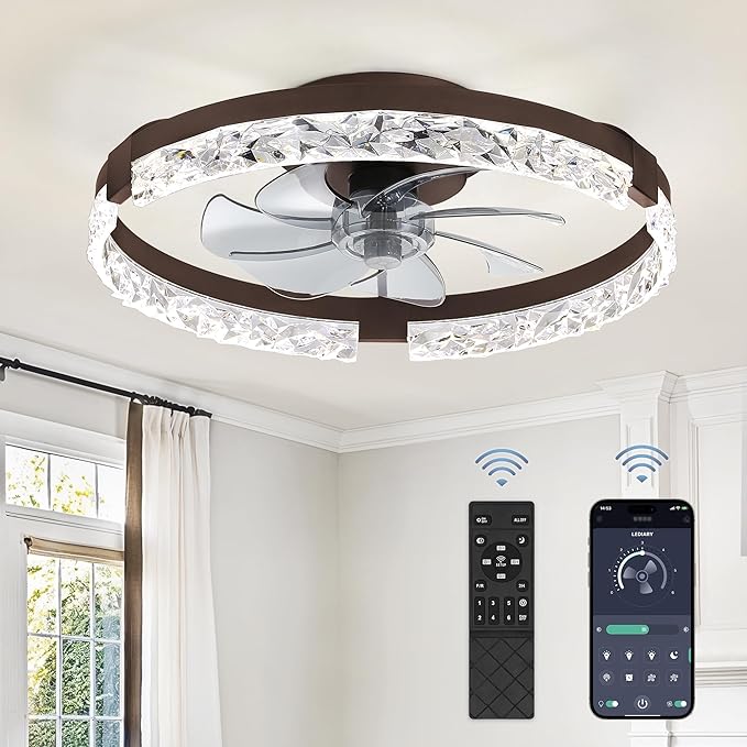 LEDIARY 20 Inch Low Profile Ceiling Fans with Lights and Remote, Fandelier Ceiling Fan Flush Mount, 3000K-6000K Dimmable LED Fan Light, Brown Modern Ceiling Fans with Lights for Bedroom