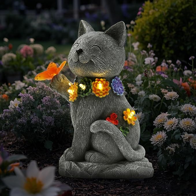 Solar Cat Garden Statue - 7 LED Lights with Flowers & Butterfly Yard Art, Lawn Porch Outdoor Decor, Gift for Mom, Grandma & Women