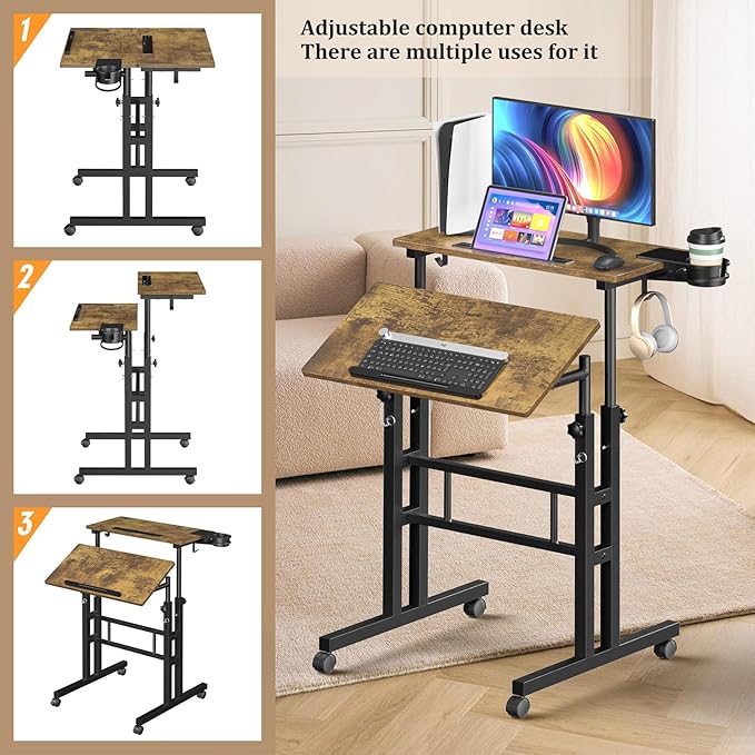Small Standing Desk with Wheels, Mobile Stand Up Desk, Portable Standing Table on Wheels for Walking Pad, Rolling Computer Desk Adjustable Height, Tall Table