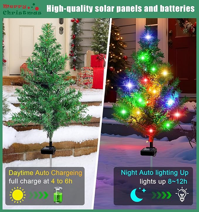Solar Christmas Tree Outdoor Decor, Waterproof Solar Xmas Decorations Garden Stake Lights, Multi-Color LED Artificial Prelit Christmas Décor for Outside Landscape Pathway Porch Yard Holiday (4 pcs)
